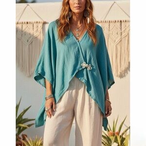 Soft Surroundings Kimono Cardigan Wrap Teal Blue Gauze Feel Cover Up Top OS